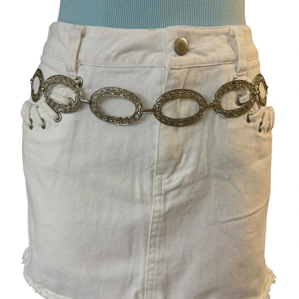 Filigree Oval Link Chain Belt Silver Boho Y2K Festival Statement Vintage‎